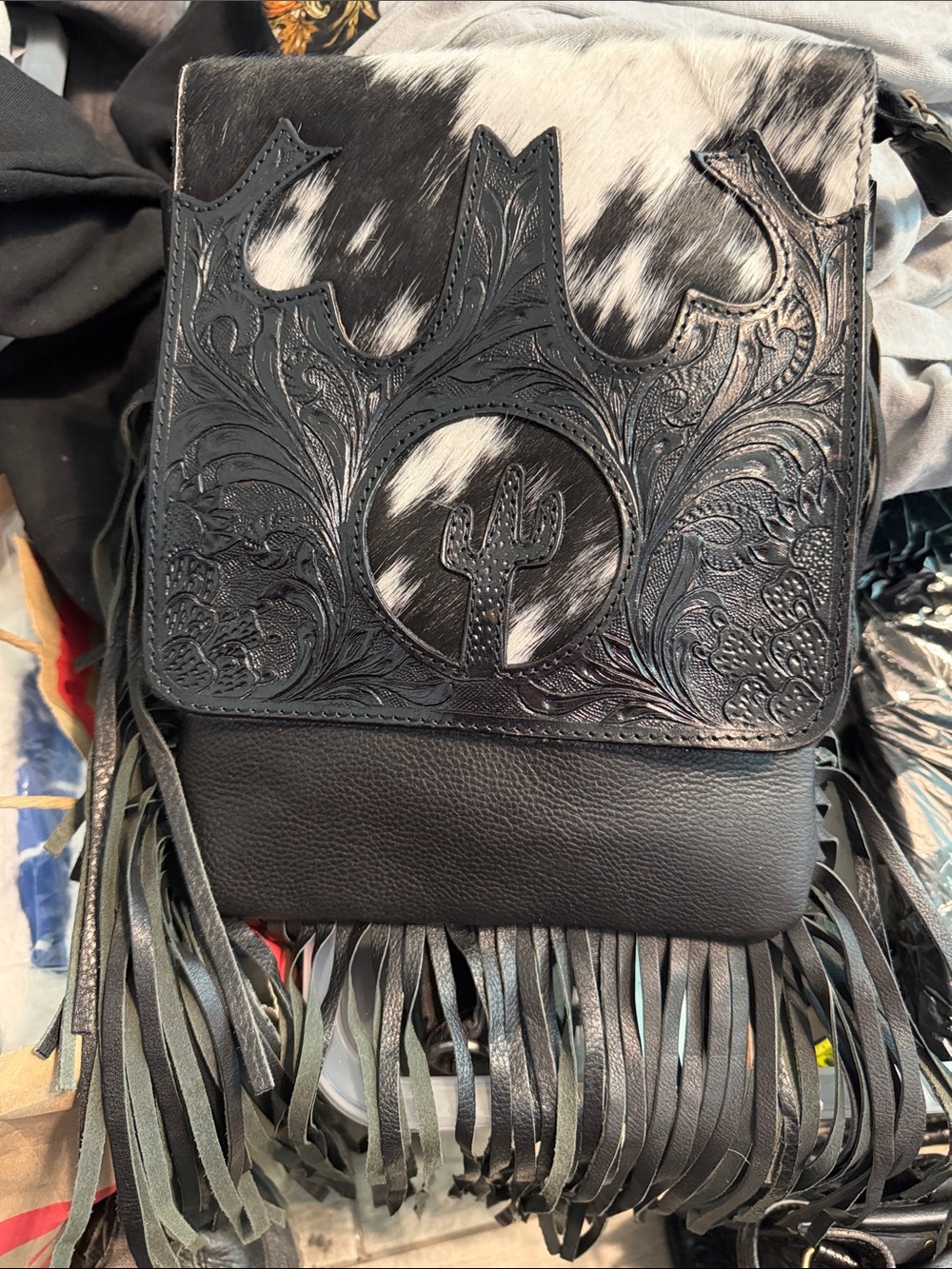 Black & White Western Leather Fringe Crossbody Bag